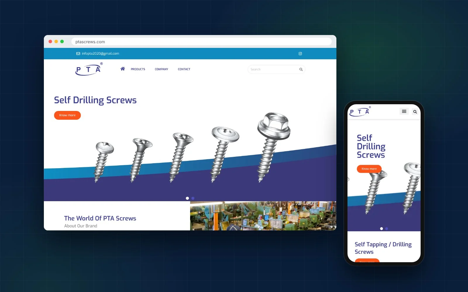 The PTA Screws website on desktop and mobile